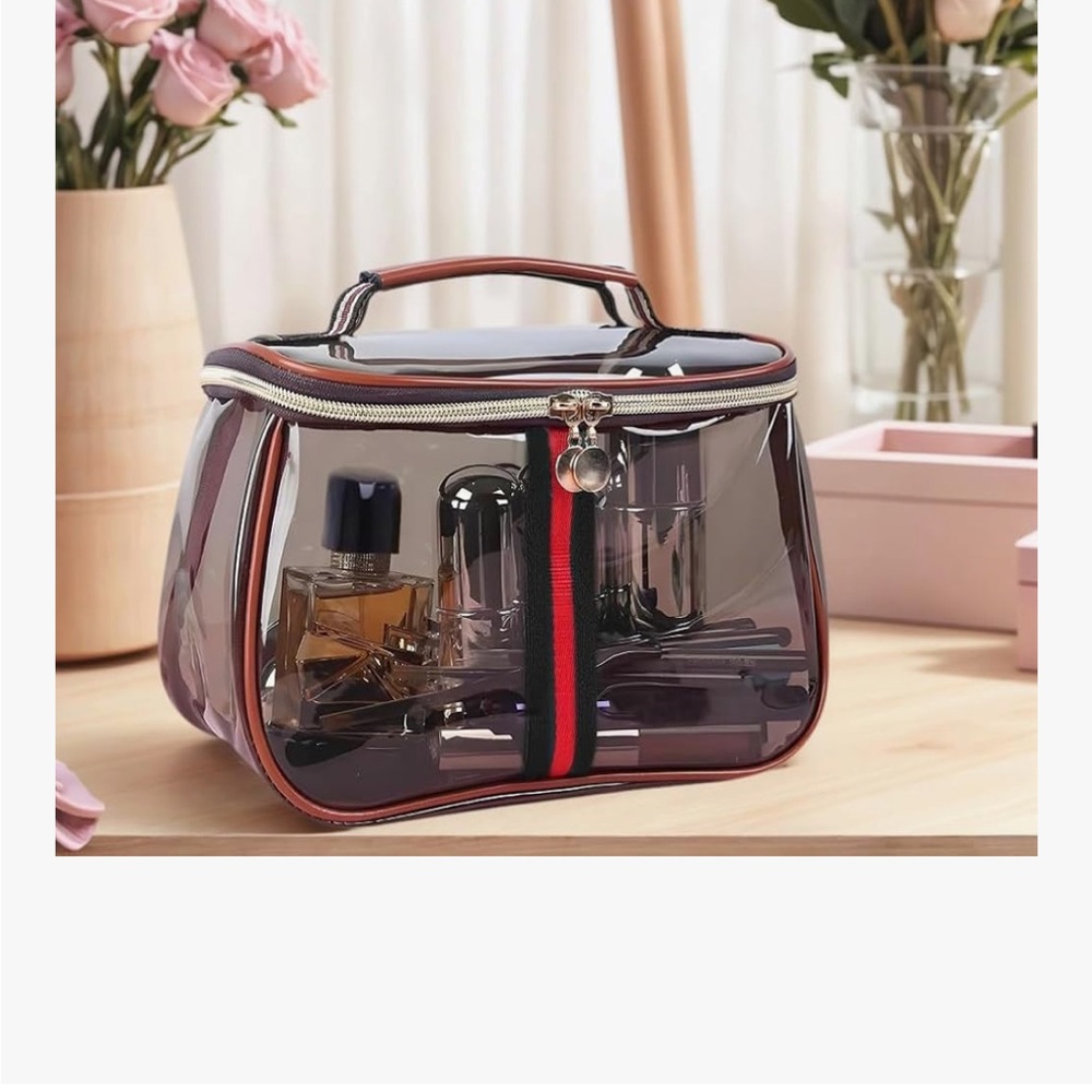 NIB Clear Brown With Red & Green Trim Cosmetic Bag - Picture 9 of 9